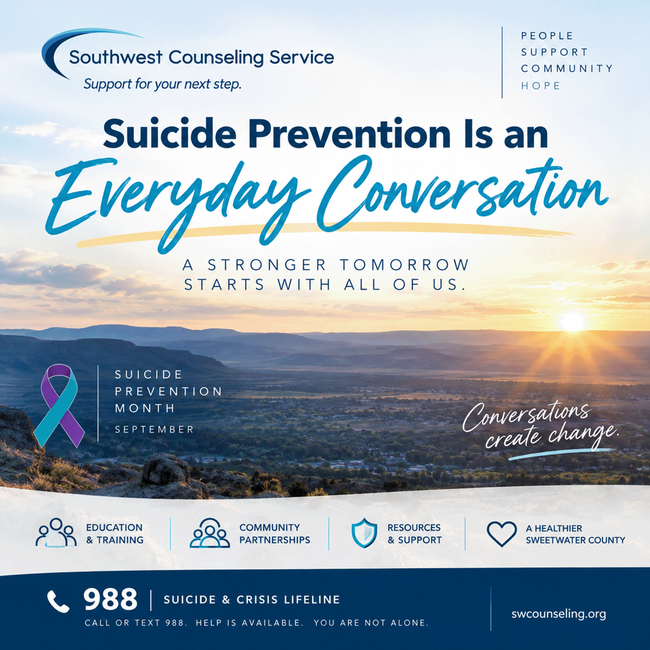Southwest Counseling Service Suicide Prevention Month graphic featuring the message "Suicide Prevention is an Everyday Conversation."